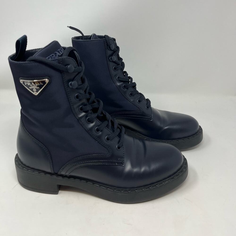Prada Brushed Leather Monolith Re-Nylon Navy Combat Boot Triangle Logo size 39